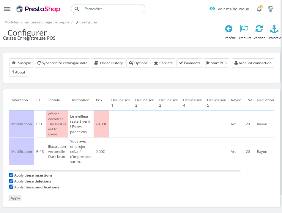 Synchronisation de vos données (articles, attributs, catégories, TVAs, ...)
